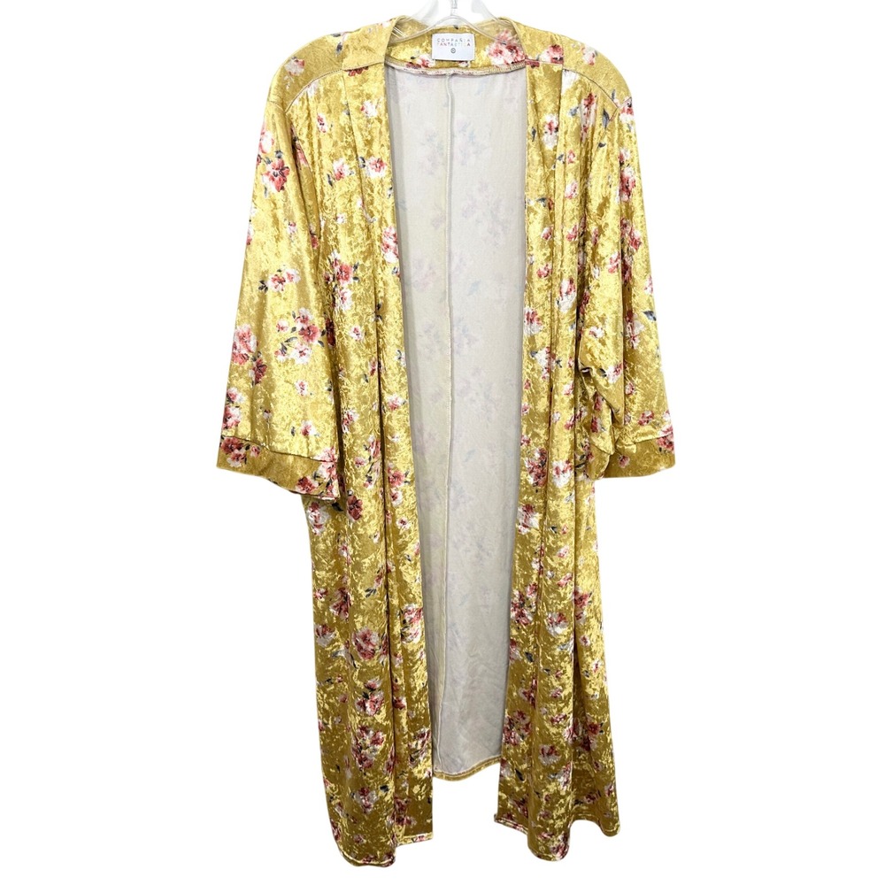 Compania Fantastica 3X Floral Velour Long Cardigan Gold Pink Duster Kimono 1196